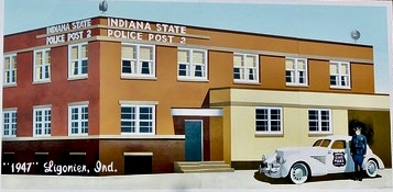 Indiana State Police Post 2 in Ligonier, 1947, with a 1936 Cord and trooper